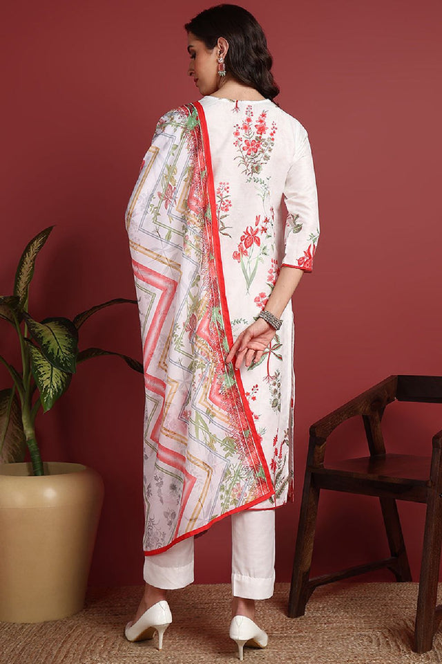 White Cotton Blend Floral Printed Straight Cut Suit Set