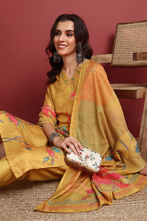 Mustard Silk Blend Floral Printed Straight Cut Suit Set