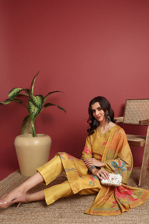Mustard Silk Blend Floral Printed Straight Cut Suit Set