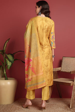 Mustard Silk Blend Floral Printed Straight Cut Suit Set