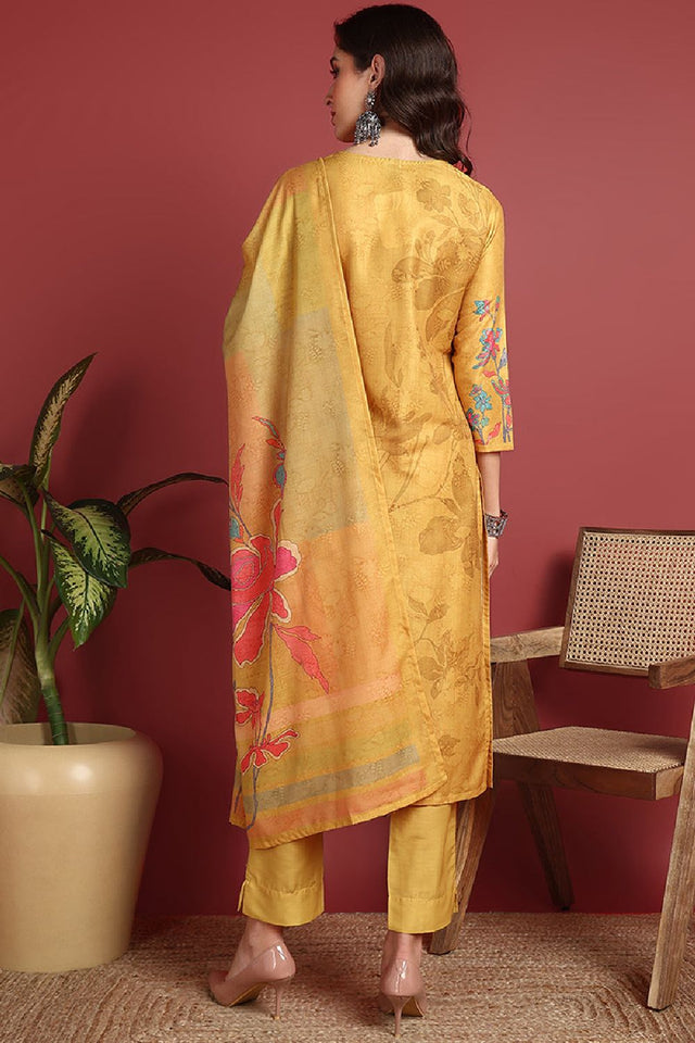 Mustard Silk Blend Floral Printed Straight Cut Suit Set