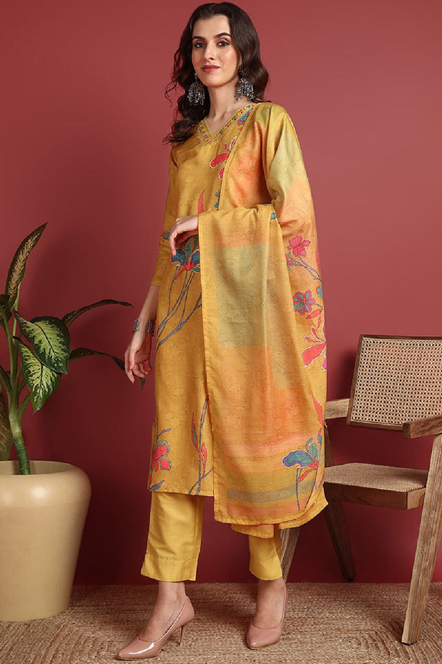 Mustard Silk Blend Floral Printed Straight Cut Suit Set
