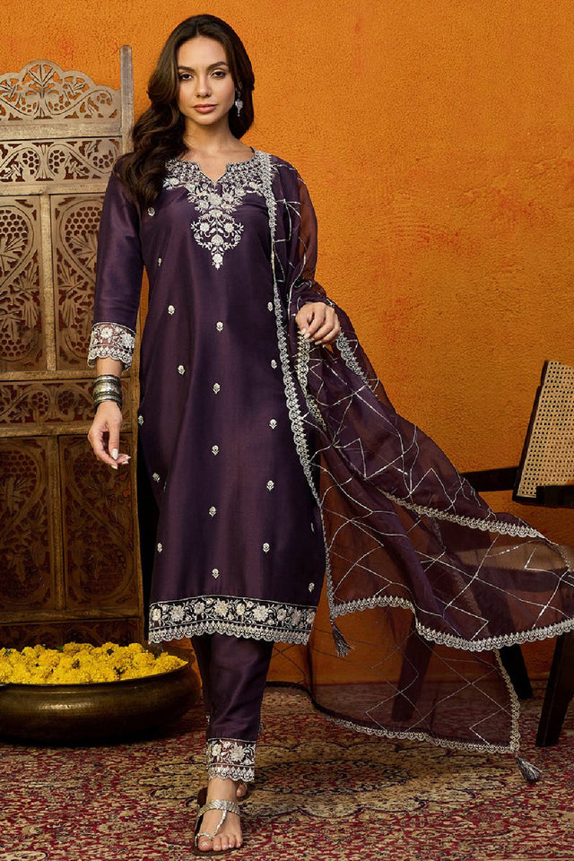 Purple Silk Blend Solid Embroidered Straight Cut Suit Set