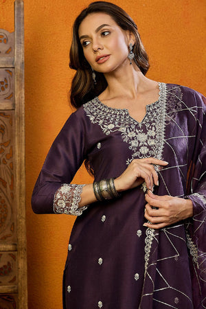 Purple Silk Blend Solid Embroidered Straight Cut Suit Set