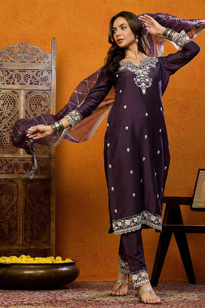 Purple Silk Blend Solid Embroidered Straight Cut Suit Set