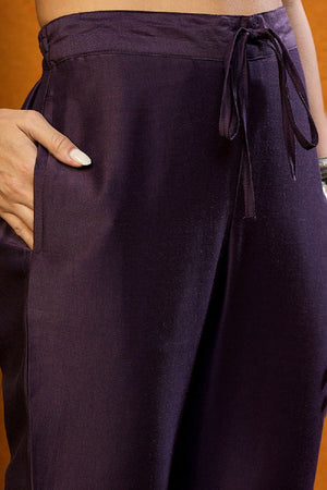 Purple Silk Blend Solid Embroidered Straight Cut Suit Set