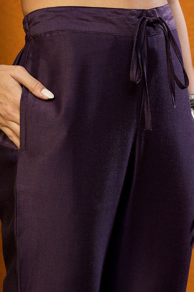 Purple Silk Blend Solid Embroidered Straight Cut Suit Set