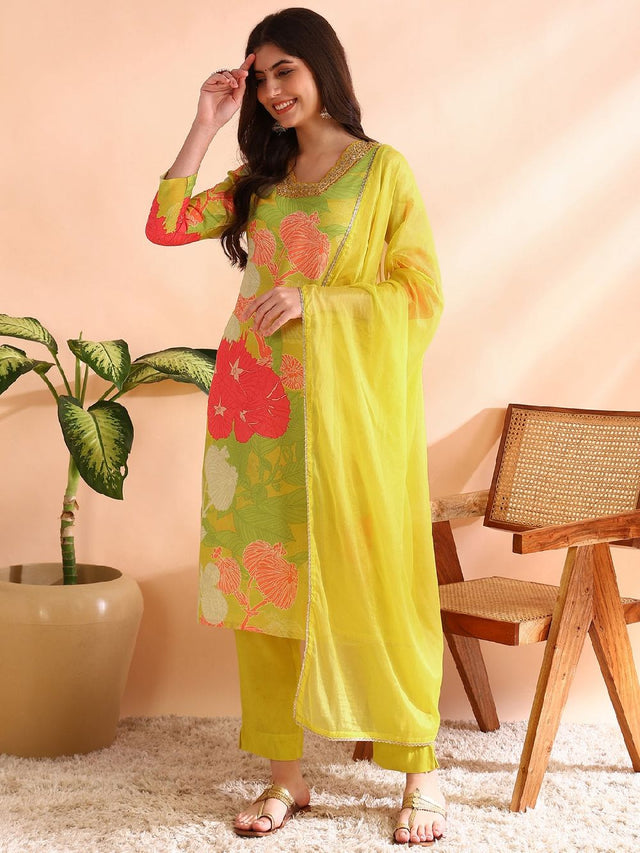 Yellow Rayon Blend Floral Printed Straight Kurti Pants With Dupatta