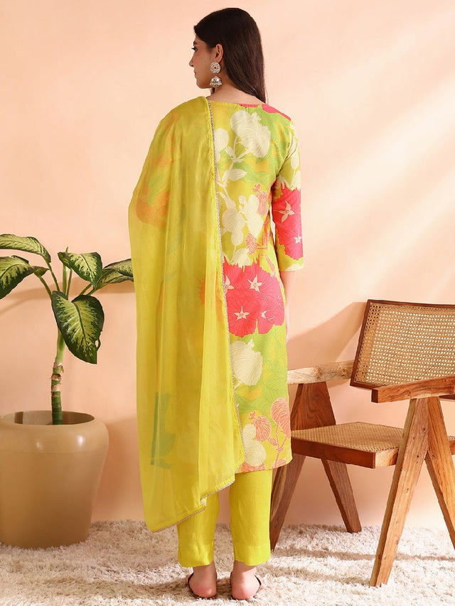 Yellow Rayon Blend Floral Printed Straight Kurti Pants With Dupatta
