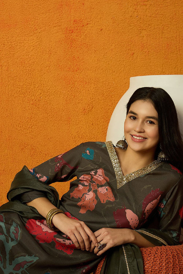 Olive Cotton Blend Floral Printed Straight Cut Suit Set