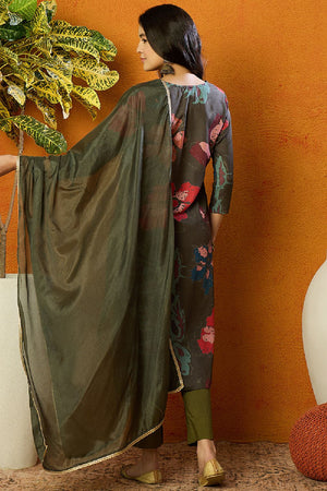 Olive Cotton Blend Floral Printed Straight Cut Suit Set