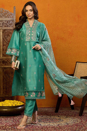 Teal Silk Blend Solid Embroidered Straight Cut Suit Set