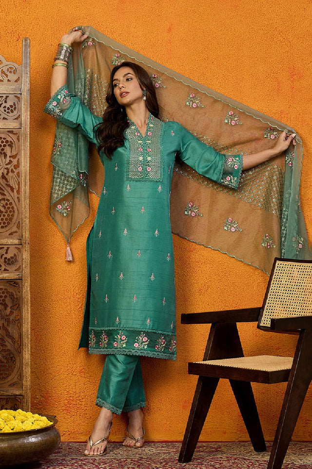 Teal Silk Blend Solid Embroidered Straight Cut Suit Set