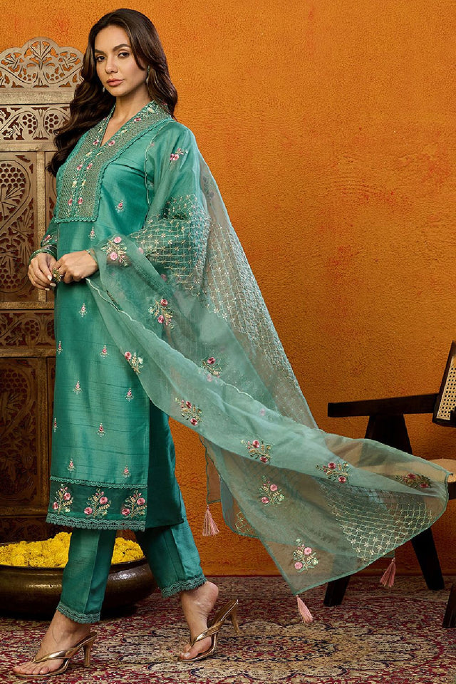 Teal Silk Blend Solid Embroidered Straight Cut Suit Set