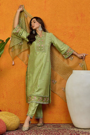 Green Silk Blend Solid Embroidered Straight Cut Suit Set
