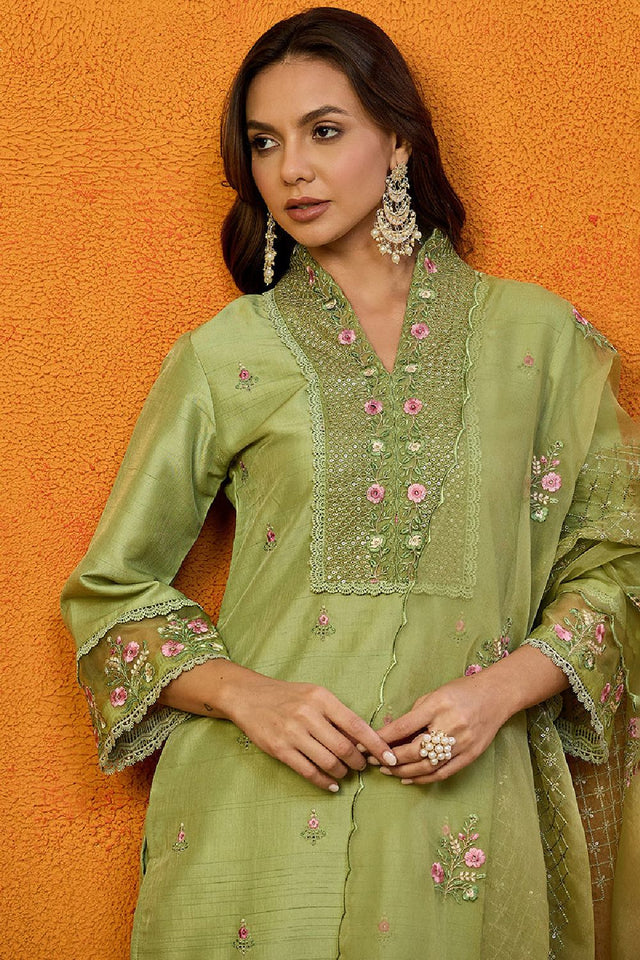 Green Silk Blend Solid Embroidered Straight Cut Suit Set