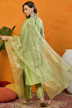 Green Silk Blend Solid Embroidered Straight Cut Suit Set