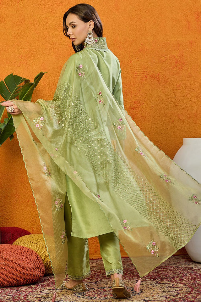 Green Silk Blend Solid Embroidered Straight Cut Suit Set