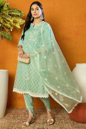 Sea Green Organza Solid Embroidered A Line Dhoti Style Suit Set (N2ZPKSKD2438-XS)