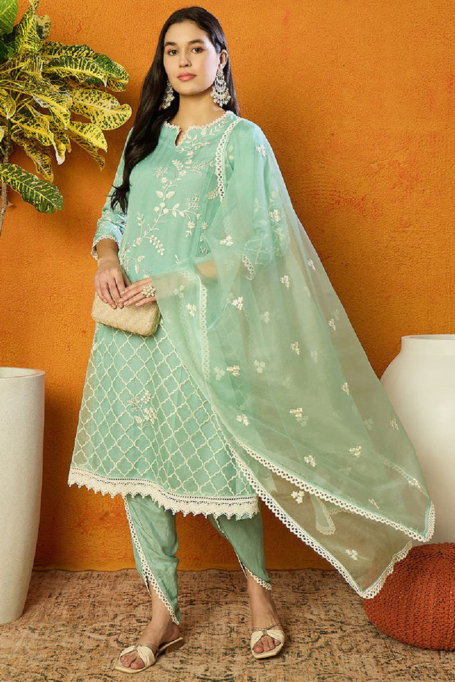 Sea Green Organza Solid Embroidered A Line Dhoti Style Suit Set (N2ZPKSKD2438-XS)