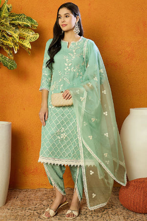 Sea Green Organza Solid Embroidered A Line Dhoti Style Suit Set (N2ZPKSKD2438-XS)