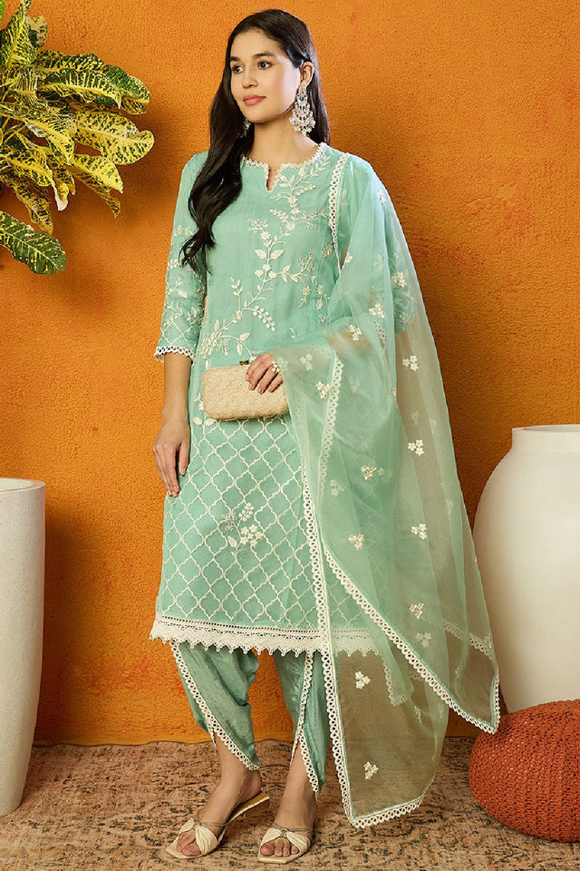 Sea Green Organza Solid Embroidered A Line Dhoti Style Suit Set (N2ZPKSKD2438-XS)