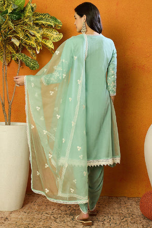 Sea Green Organza Solid Embroidered A Line Dhoti Style Suit Set (N2ZPKSKD2438-XS)