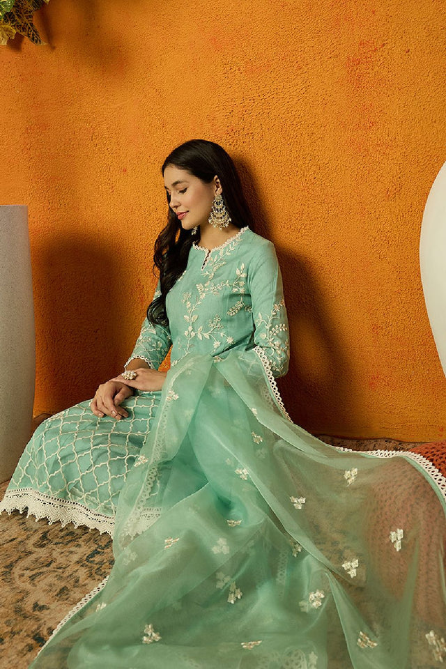 Sea Green Organza Solid Embroidered A Line Dhoti Style Suit Set (N2ZPKSKD2438-XS)