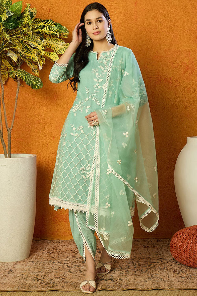 Sea Green Organza Solid Embroidered A Line Dhoti Style Suit Set (N2ZPKSKD2438-XS)