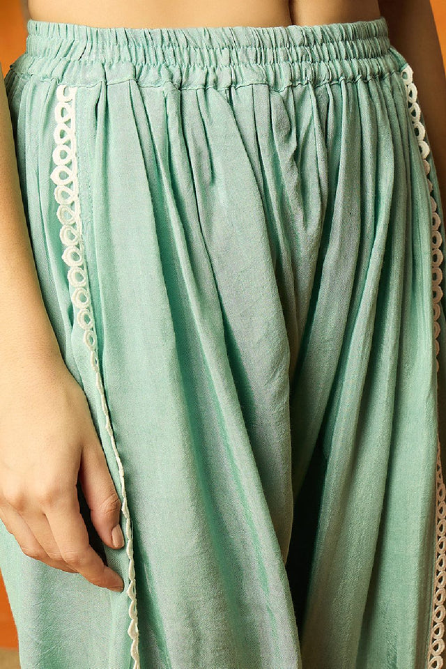 Sea Green Organza Solid Embroidered A Line Dhoti Style Suit Set (N2ZPKSKD2438-XS)