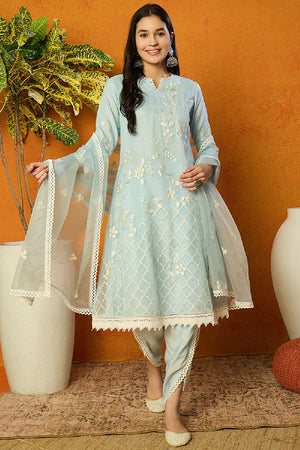 Blue Organza Solid Embroidered A Line Dhoti Style Anarkali Suit Set