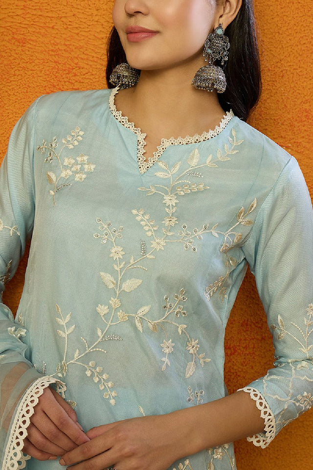 Blue Organza Solid Embroidered A Line Dhoti Style Anarkali Suit Set