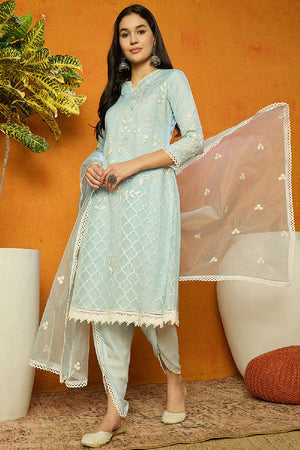 Blue Organza Solid Embroidered A Line Dhoti Style Anarkali Suit Set