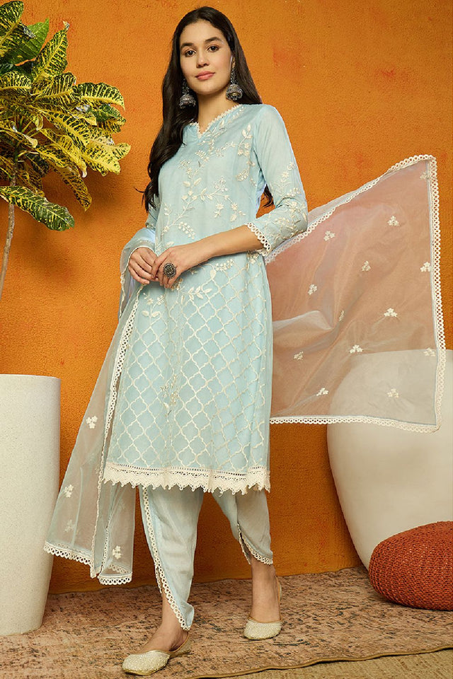 Blue Organza Solid Embroidered A Line Dhoti Style Anarkali Suit Set