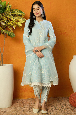 Blue Organza Solid Embroidered A Line Dhoti Style Anarkali Suit Set