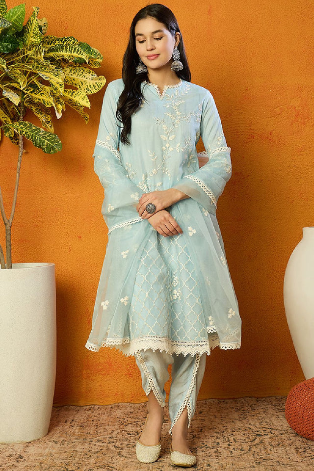 Blue Organza Solid Embroidered A Line Dhoti Style Anarkali Suit Set