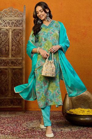 Blue Cotton Blend Bandhani Printed Straight Cut Suit Set