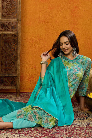 Blue Cotton Blend Bandhani Printed Straight Cut Suit Set