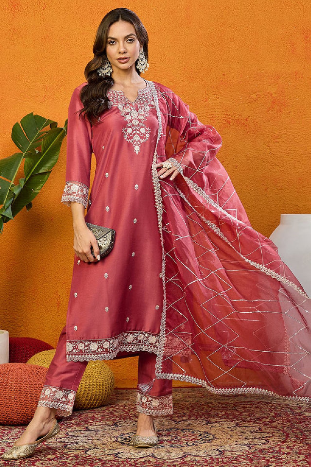 Rust Red Silk Blend Solid Embroidered Straight Cut Suit Set