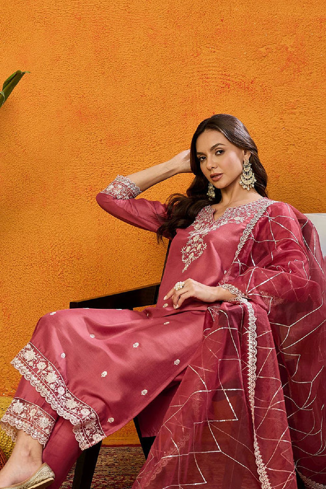 Rust Red Silk Blend Solid Embroidered Straight Cut Suit Set