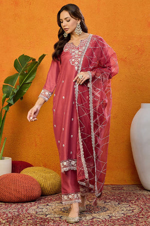 Rust Red Silk Blend Solid Embroidered Straight Cut Suit Set