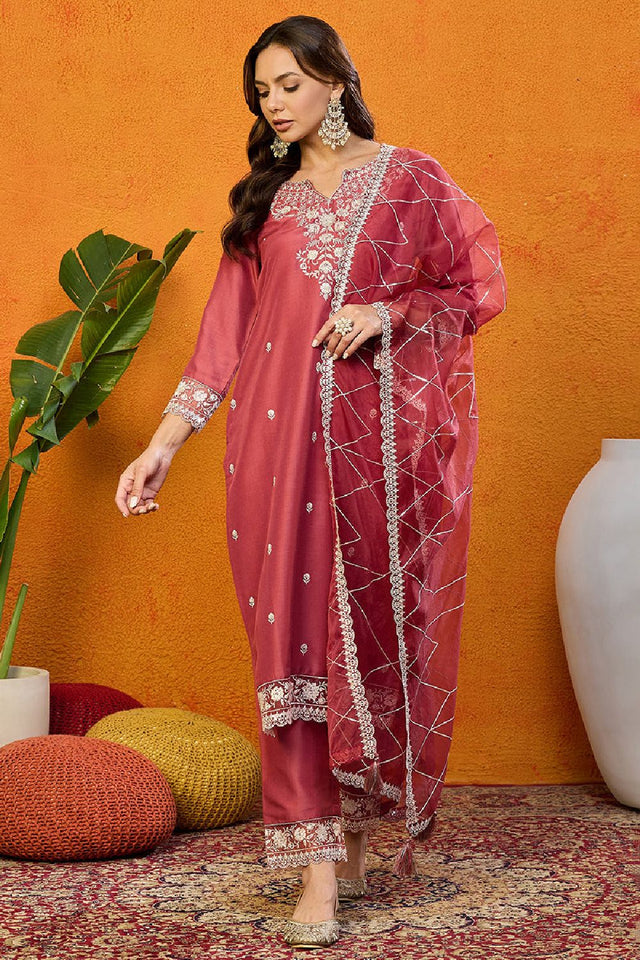 Rust Red Silk Blend Solid Embroidered Straight Cut Suit Set