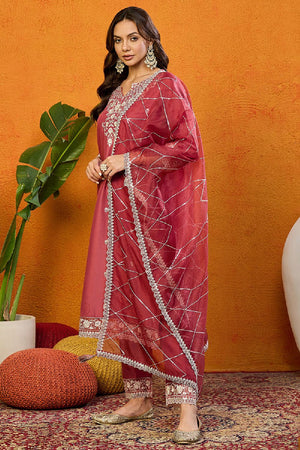 Rust Red Silk Blend Solid Embroidered Straight Cut Suit Set