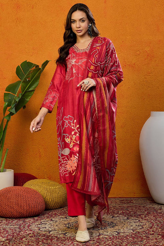 Red Silk Blend Floral Printed Straight Cut Suit Set