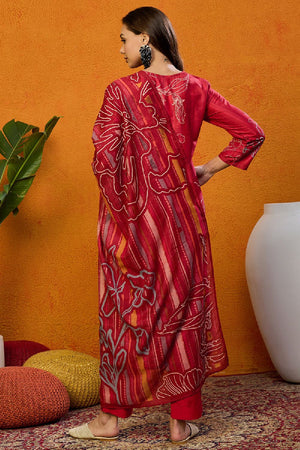 Red Silk Blend Floral Printed Straight Cut Suit Set
