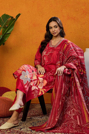 Red Silk Blend Floral Printed Straight Cut Suit Set