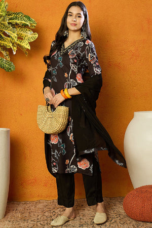 Black Cotton Blend Floral Printed Straight Cut Suit Set