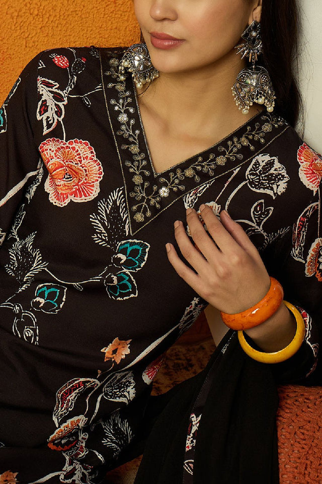 Black Cotton Blend Floral Printed Straight Cut Suit Set