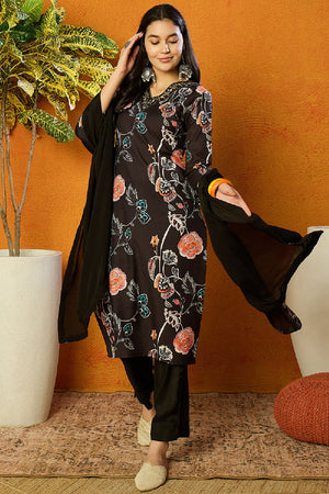 Black Cotton Blend Floral Printed Straight Cut Suit Set