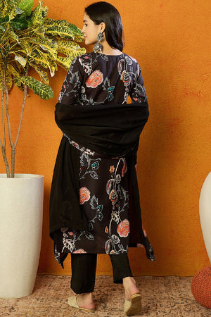 Black Cotton Blend Floral Printed Straight Cut Suit Set